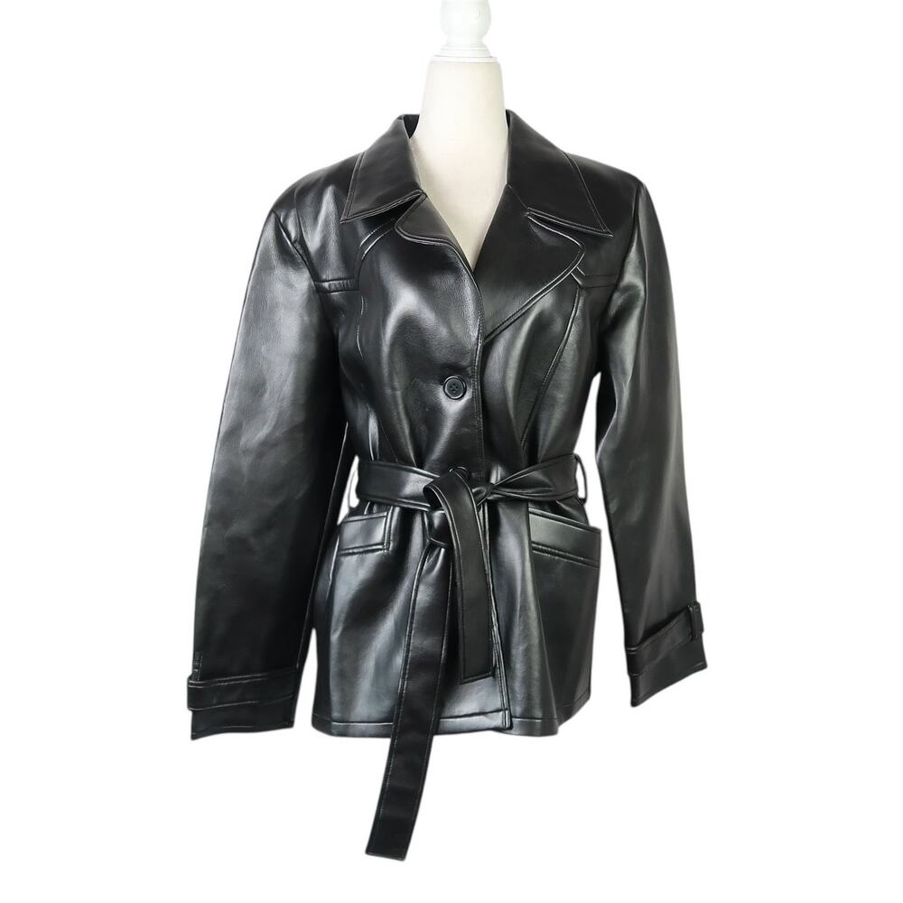 Vintage Y2K Louise Paris Black Faux Leather Tie Front Blazer Jacket L